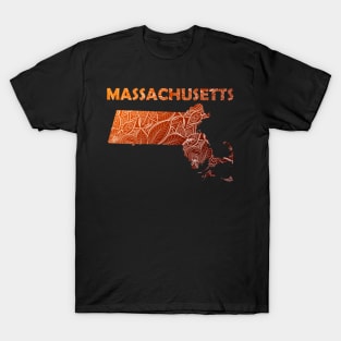 Colorful mandala art map of Massachusetts with text in brown and orange T-Shirt